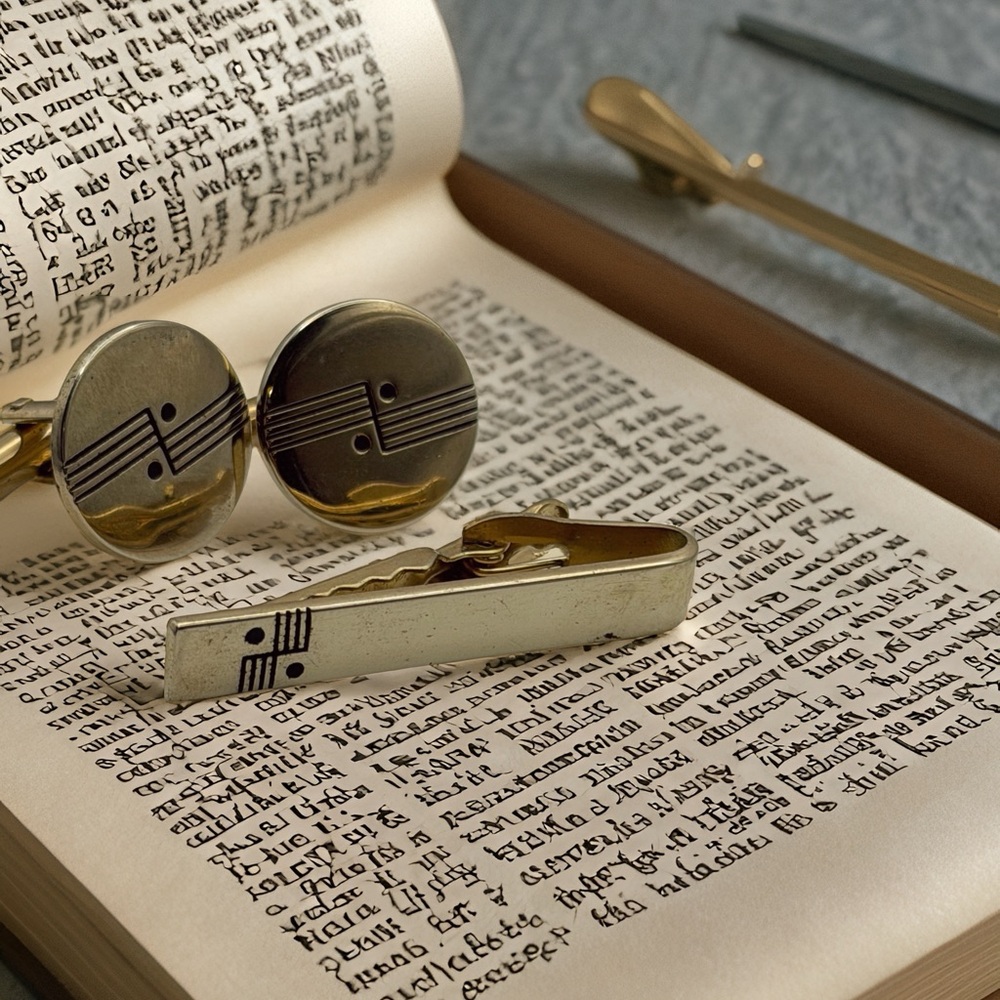 Vintage mid-century Shields cufflinks and matching tie clip set - gold tone